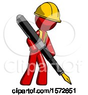 Poster, Art Print Of Red Construction Worker Contractor Man Drawing Or Writing With Large Calligraphy Pen