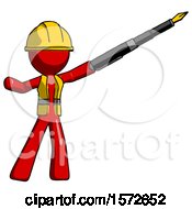 Poster, Art Print Of Red Construction Worker Contractor Man Pen Is Mightier Than The Sword Calligraphy Pose