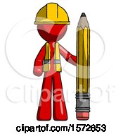 Poster, Art Print Of Red Construction Worker Contractor Man With Large Pencil Standing Ready To Write