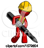 Poster, Art Print Of Red Construction Worker Contractor Man Writing With A Really Big Pen