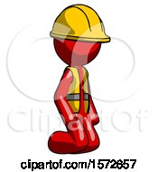 Poster, Art Print Of Red Construction Worker Contractor Man Kneeling Angle View Right