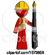 Poster, Art Print Of Red Construction Worker Contractor Man Holding Giant Calligraphy Pen