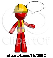 Poster, Art Print Of Red Construction Worker Contractor Man With Word Bubble Talking Chat Icon