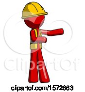 Red Construction Worker Contractor Man Presenting Something To His Left