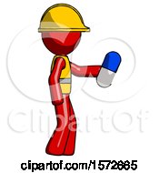 Poster, Art Print Of Red Construction Worker Contractor Man Holding Blue Pill Walking To Right