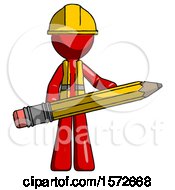 Poster, Art Print Of Red Construction Worker Contractor Man Writer Or Blogger Holding Large Pencil