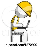 Poster, Art Print Of White Construction Worker Contractor Man Using Laptop Computer While Sitting In Chair View From Side