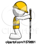 Poster, Art Print Of White Construction Worker Contractor Man Kneeling With Ninja Sword Katana Showing Respect