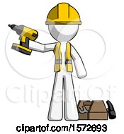 Poster, Art Print Of White Construction Worker Contractor Man Holding Drill Ready To Work Toolchest And Tools To Right