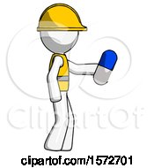 Poster, Art Print Of White Construction Worker Contractor Man Holding Blue Pill Walking To Right