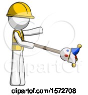 Poster, Art Print Of White Construction Worker Contractor Man Holding Jesterstaff - I Dub Thee Foolish Concept