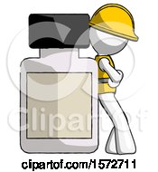 Poster, Art Print Of White Construction Worker Contractor Man Leaning Against Large Medicine Bottle