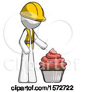 Poster, Art Print Of White Construction Worker Contractor Man With Giant Cupcake Dessert