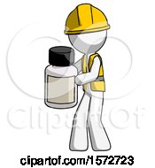 Poster, Art Print Of White Construction Worker Contractor Man Holding White Medicine Bottle