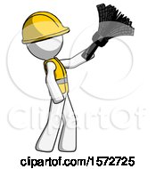 Poster, Art Print Of White Construction Worker Contractor Man Dusting With Feather Duster Upwards