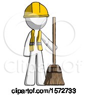 Poster, Art Print Of White Construction Worker Contractor Man Standing With Broom Cleaning Services