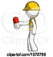 Poster, Art Print Of White Construction Worker Contractor Man Holding Red Pill Walking To Left