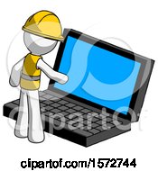 Poster, Art Print Of White Construction Worker Contractor Man Using Large Laptop Computer