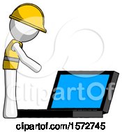 Poster, Art Print Of White Construction Worker Contractor Man Using Large Laptop Computer Side Orthographic View