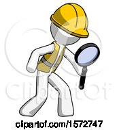 Poster, Art Print Of White Construction Worker Contractor Man Inspecting With Large Magnifying Glass Right