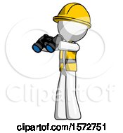 Poster, Art Print Of White Construction Worker Contractor Man Holding Binoculars Ready To Look Left