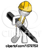 Poster, Art Print Of White Construction Worker Contractor Man Writing With A Really Big Pen