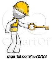Poster, Art Print Of White Construction Worker Contractor Man With Big Key Of Gold Opening Something