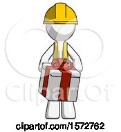 Poster, Art Print Of White Construction Worker Contractor Man Gifting Present With Large Bow Front View
