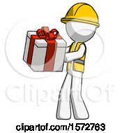 Poster, Art Print Of White Construction Worker Contractor Man Presenting A Present With Large Red Bow On It