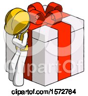 Poster, Art Print Of White Construction Worker Contractor Man Leaning On Gift With Red Bow Angle View