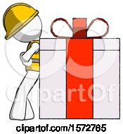 Poster, Art Print Of White Construction Worker Contractor Man Gift Concept - Leaning Against Large Present