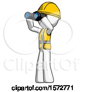 Poster, Art Print Of White Construction Worker Contractor Man Looking Through Binoculars To The Left
