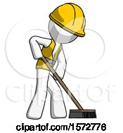 Poster, Art Print Of White Construction Worker Contractor Man Cleaning Services Janitor Sweeping Side View