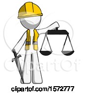 Poster, Art Print Of White Construction Worker Contractor Man Justice Concept With Scales And Sword Justicia Derived
