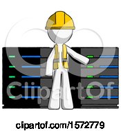 Poster, Art Print Of White Construction Worker Contractor Man With Server Racks In Front Of Two Networked Systems