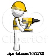 Poster, Art Print Of White Construction Worker Contractor Man Using Drill Drilling Something On Right Side
