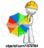 Poster, Art Print Of White Construction Worker Contractor Man Holding Rainbow Umbrella Out To Viewer