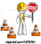 Poster, Art Print Of White Construction Worker Contractor Man Holding Stop Sign By Traffic Cones Under Construction Concept
