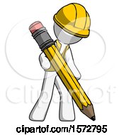 Poster, Art Print Of White Construction Worker Contractor Man Writing With Large Pencil