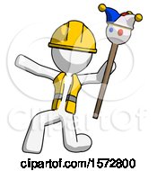 Poster, Art Print Of White Construction Worker Contractor Man Holding Jester Staff Posing Charismatically