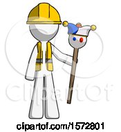 Poster, Art Print Of White Construction Worker Contractor Man Holding Jester Staff