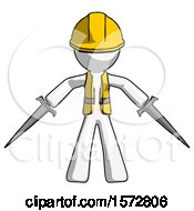 Poster, Art Print Of White Construction Worker Contractor Man Two Sword Defense Pose