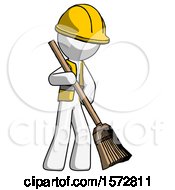 Poster, Art Print Of White Construction Worker Contractor Man Sweeping Area With Broom