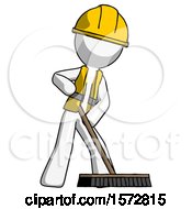 White Construction Worker Contractor Man Cleaning Services Janitor Sweeping Floor With Push Broom
