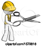 Poster, Art Print Of White Construction Worker Contractor Man Holding Giant Scissors Cutting Out Something
