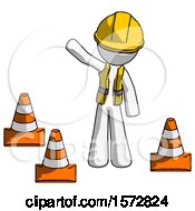 Poster, Art Print Of White Construction Worker Contractor Man Standing By Traffic Cones Waving