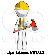 Poster, Art Print Of White Construction Worker Contractor Man Holding Red Fire Fighters Ax