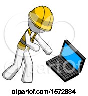 White Construction Worker Contractor Man Throwing Laptop Computer In Frustration