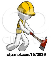 Poster, Art Print Of White Construction Worker Contractor Man Striking With A Red Firefighters Ax
