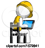 Poster, Art Print Of White Construction Worker Contractor Man Using Laptop Computer While Sitting In Chair View From Back